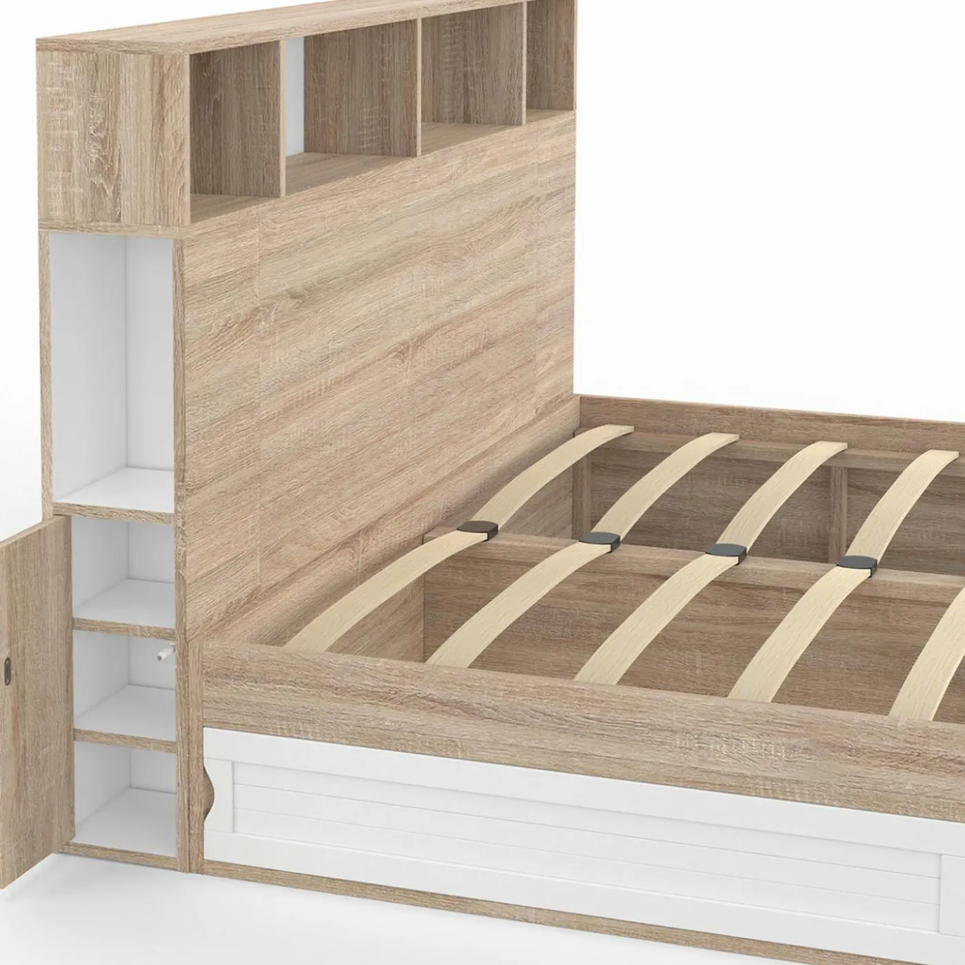 Lit double hêtre et blanc avec rangements + tête de lit et sommier 140x190 cm