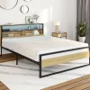 Lit double LED intégrés dans la tête de lit et sommier 140x190 cm effet bois et métal noir style industriel