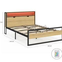 Lit double LED intégrés dans la tête de lit et sommier 140x190 cm effet bois et métal noir style industriel