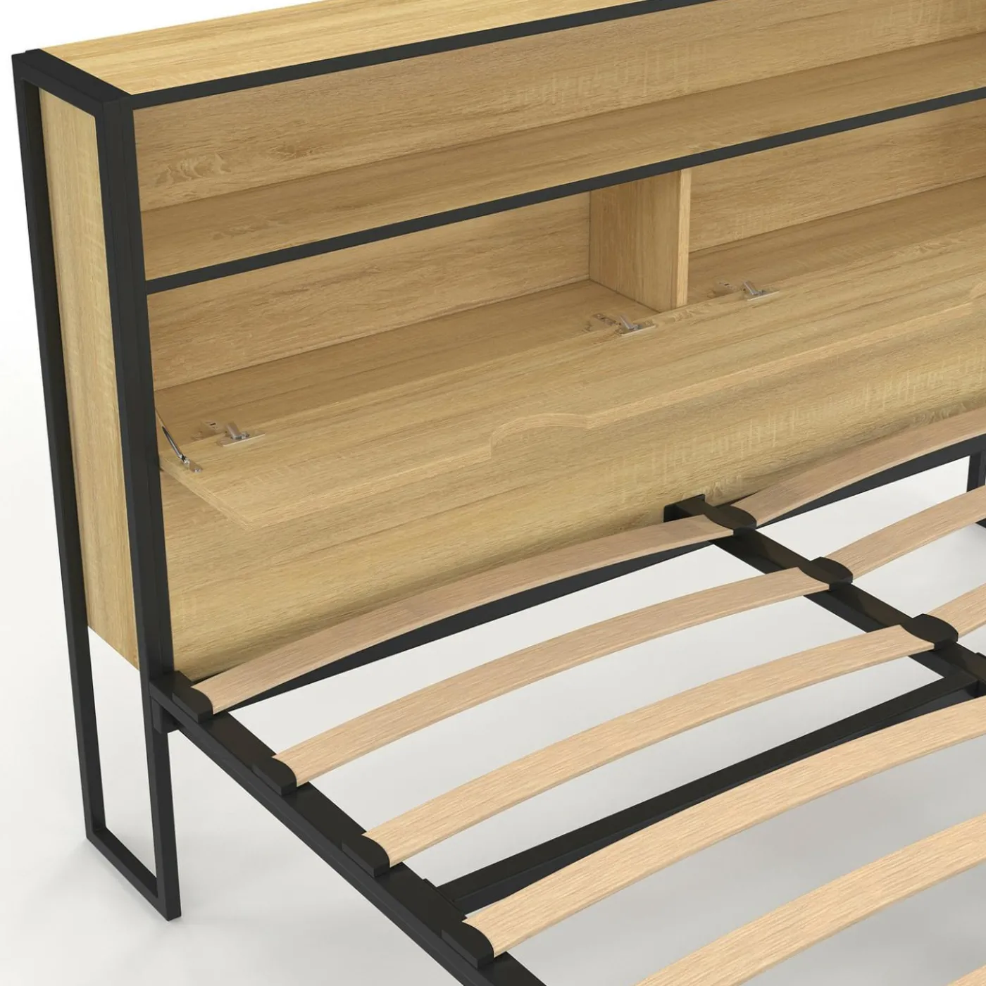 Lit double LED intégrés dans la tête de lit et sommier 140x190 cm effet bois et métal noir style industriel