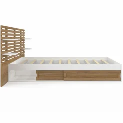 Lit double 140x190 blanc et hêtre avec rangement, tête de lit et chevets