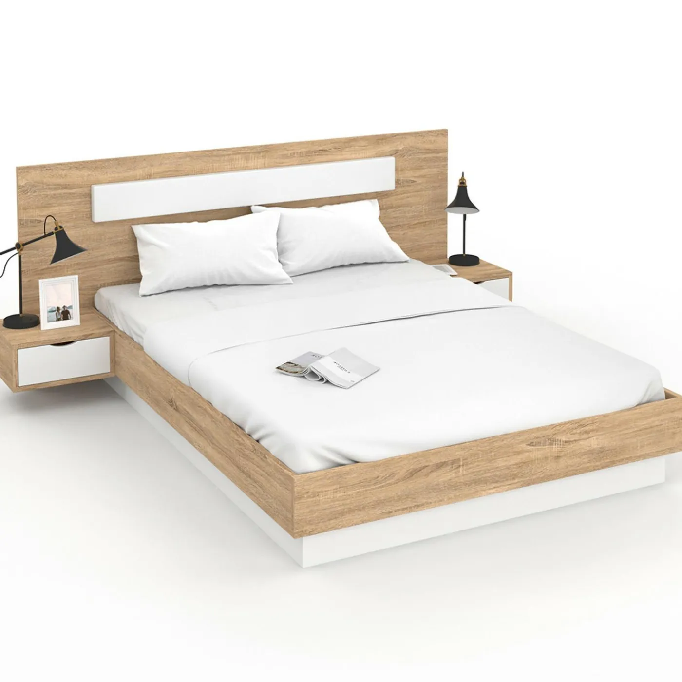 Lit double 140x190 bois et blanc avec tête de lit et tables de chevet