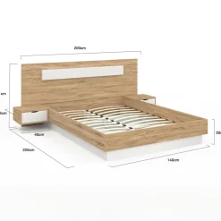 Lit double 140x190 bois et blanc avec tête de lit et tables de chevet
