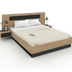 Lit double 160x200 cm bois et noir avec tête de lit et tables de chevet
