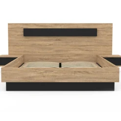Lit double 160x200 cm bois et noir avec tête de lit et tables de chevet