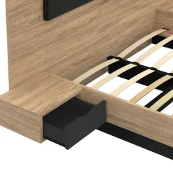 Lit double 160x200 cm bois et noir avec tête de lit et tables de chevet