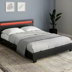 Lit double 140x190 cm en PVC noir avec sommier et LED