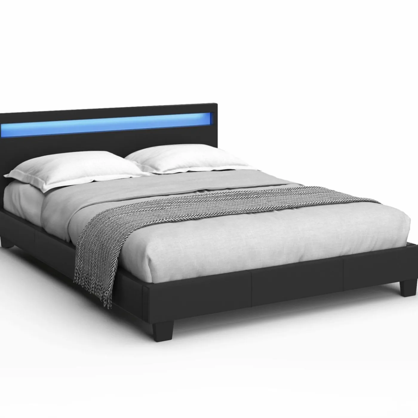 Lit double 140x190 cm en PVC noir avec sommier et LED