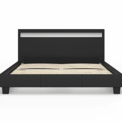 Lit double 140x190 cm en PVC noir avec sommier et LED