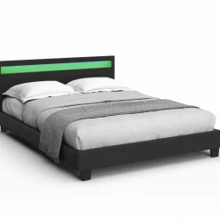 Lit double 140x190 cm en PVC noir avec sommier et LED