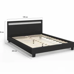 Lit double 140x190 cm en PVC noir avec sommier et LED