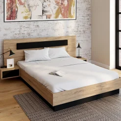 Lit double 140x190 cm tête de lit sommier avec chevets suspendus bois et noir
