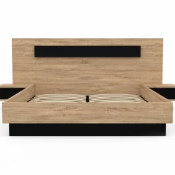 Lit double 140x190 cm tête de lit sommier avec chevets suspendus bois et noir