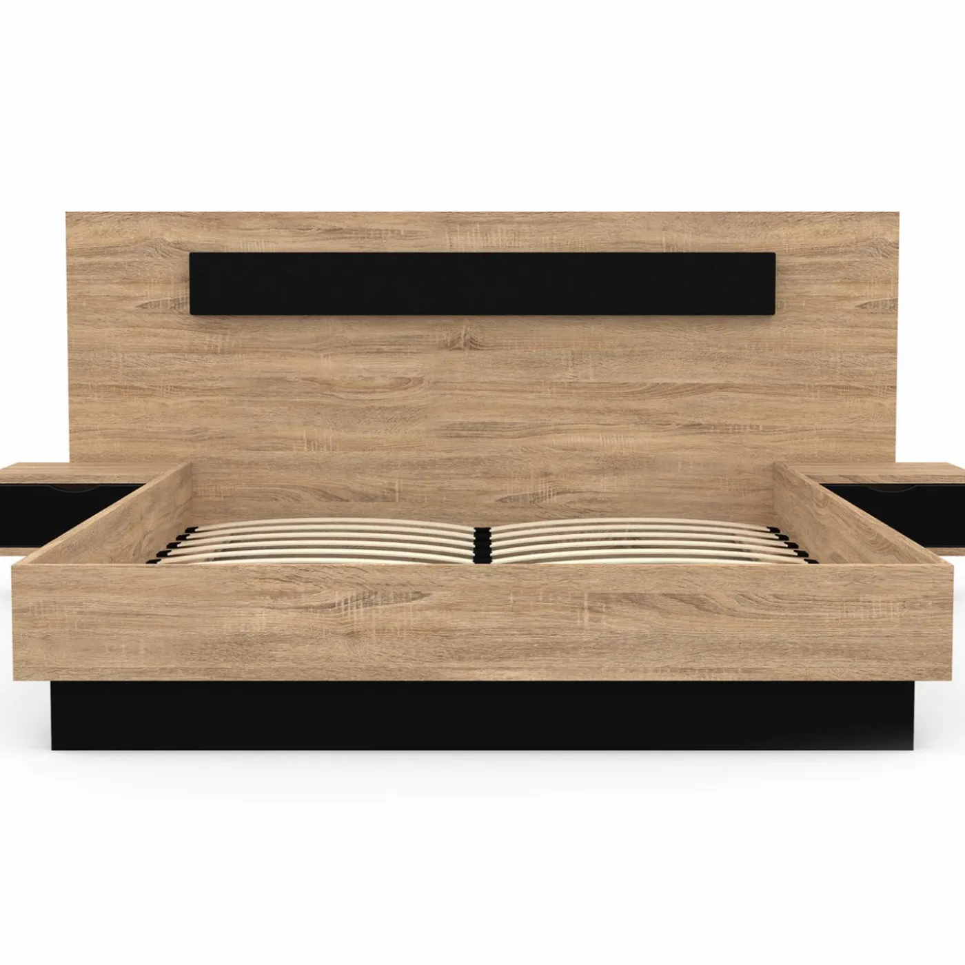 Lit double 140x190 cm tête de lit sommier avec chevets suspendus bois et noir