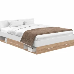 Lit double 140x190 façon hêtre et blanc avec rangements et tête de lit