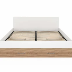 Lit double 140x190 façon hêtre et blanc avec rangements et tête de lit