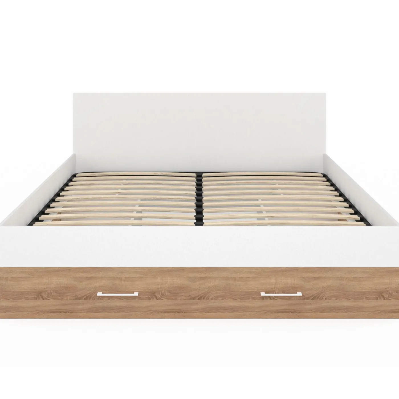 Lit double 140x190 façon hêtre et blanc avec rangements et tête de lit