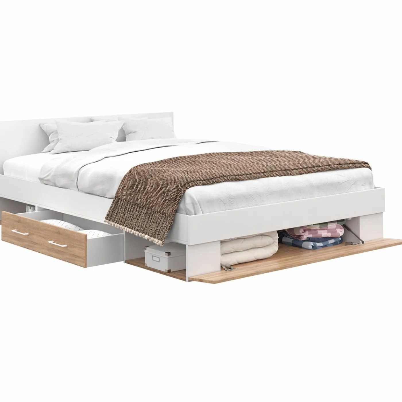 Lit double 140x190 façon hêtre et blanc avec rangements et tête de lit