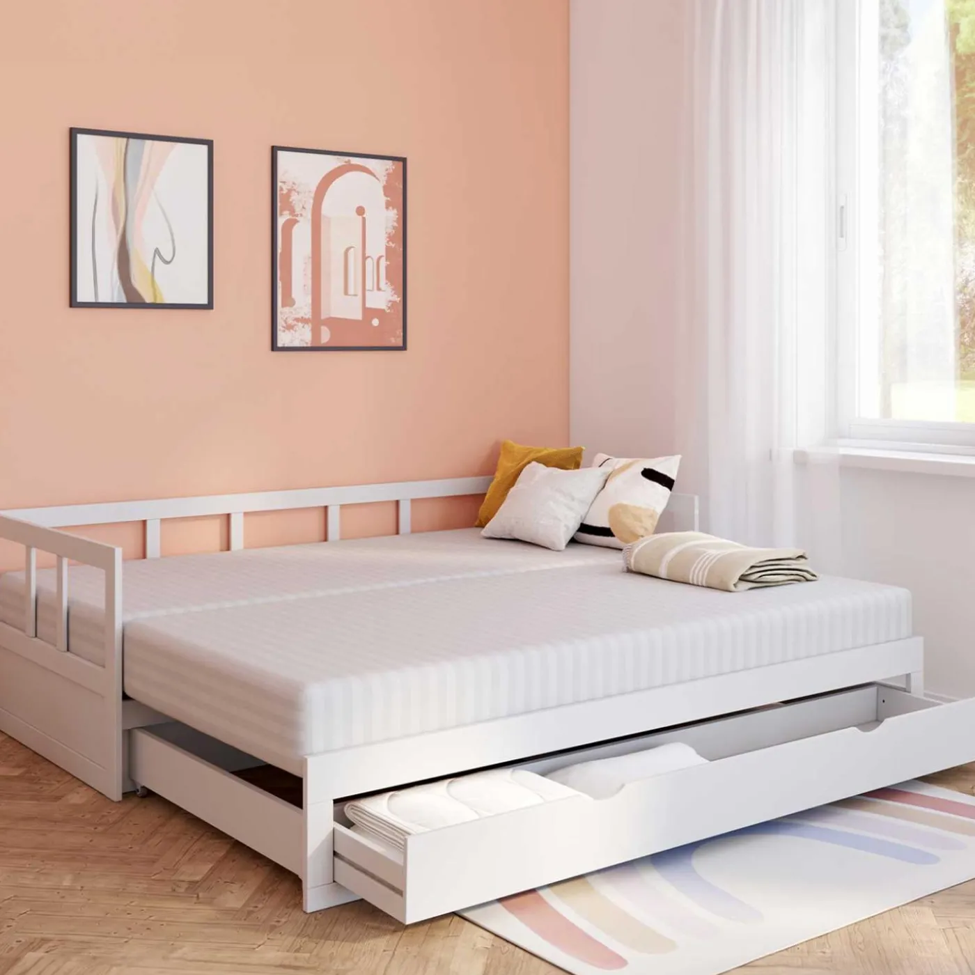 Lit gigogne transformable en lit 2 places blanc