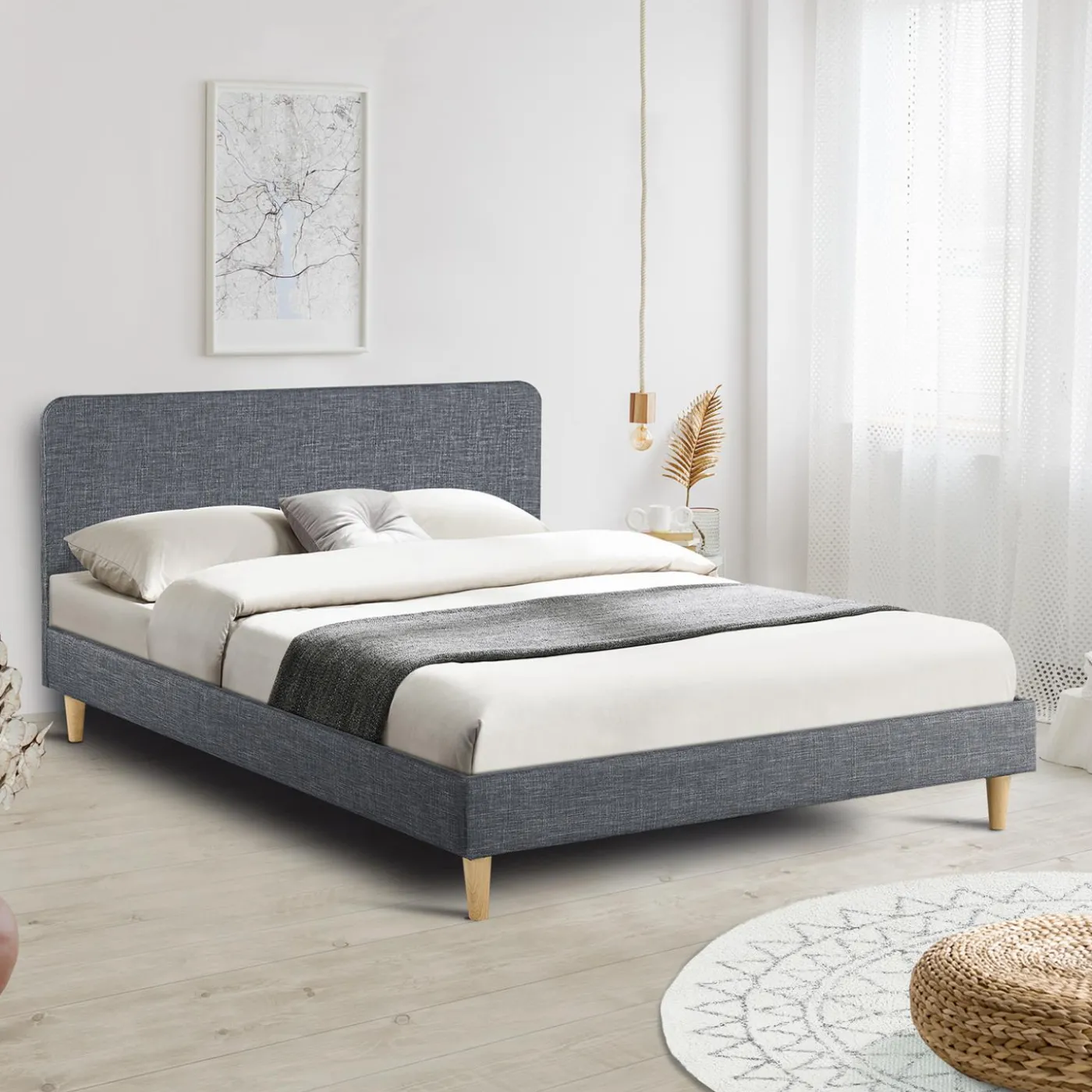 Lit scandinave 140x190 cm gris