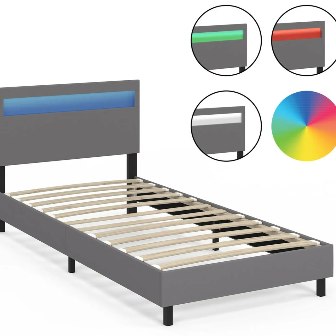 Lit simple 90 x 190 cm avec tête de lit LED intégrées et sommier PVC gris