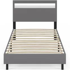 Lit simple 90 x 190 cm avec tête de lit LED intégrées et sommier PVC gris