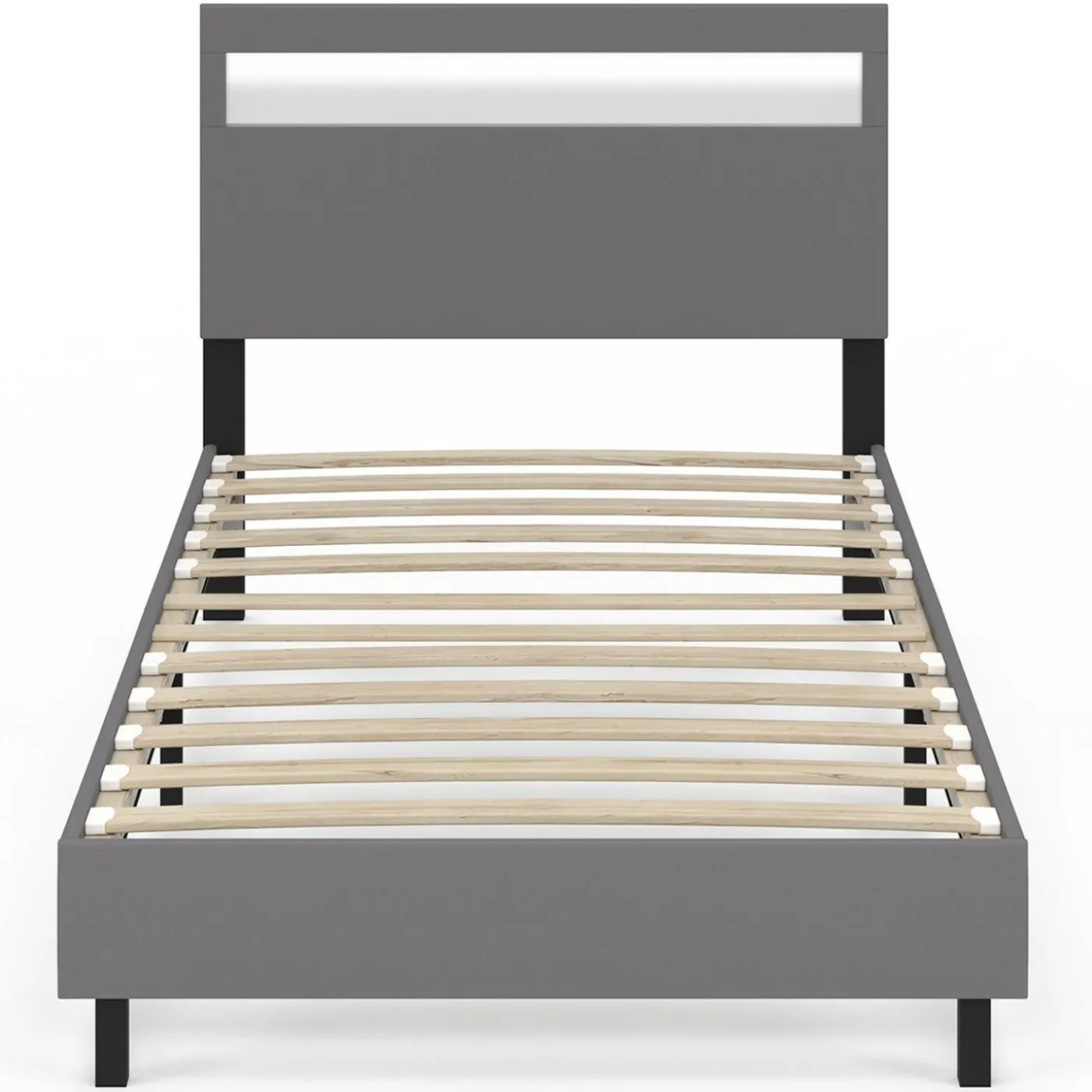 Lit simple 90 x 190 cm avec tête de lit LED intégrées et sommier PVC gris