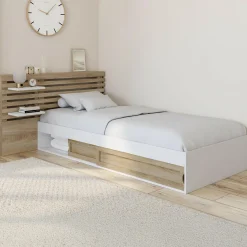 Lit simple avec tête de lit, chevets, rangements et sommier 90 x 190 cm façon hêtre et blanc