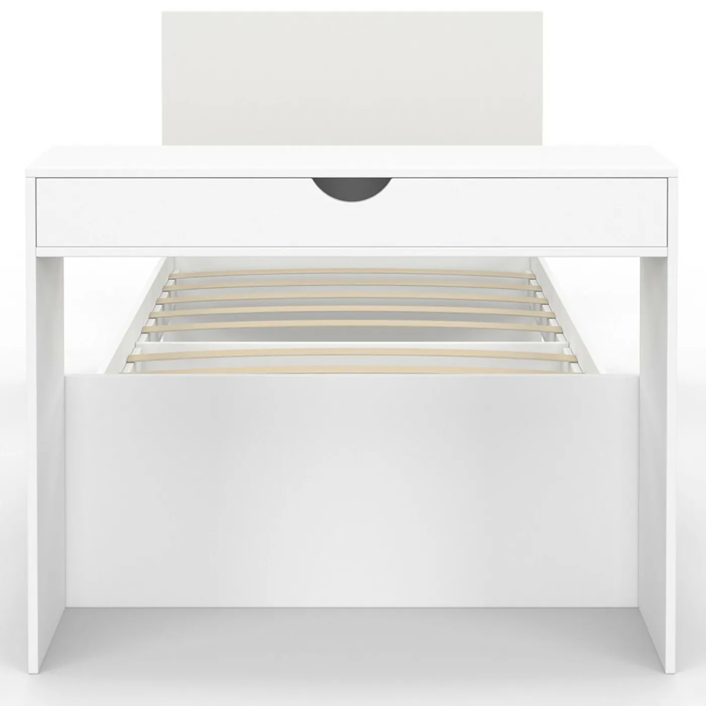 Lit simple blanc 90 x 190 cm avec rangements, sommier, tête de lit et bureau