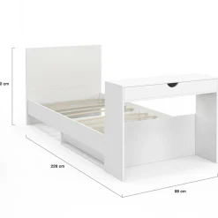 Lit simple blanc 90 x 190 cm avec rangements, sommier, tête de lit et bureau