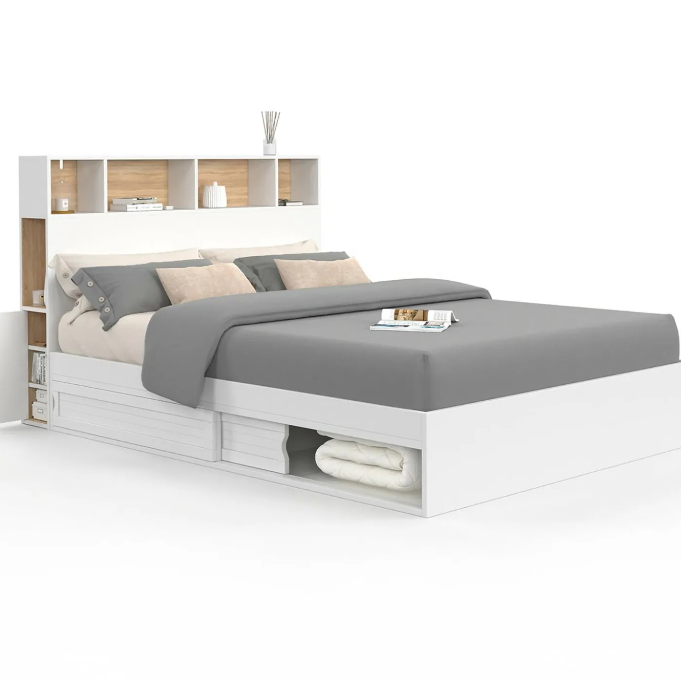 Lit 140x190 avec rangements blanc et hêtre et tête de lit