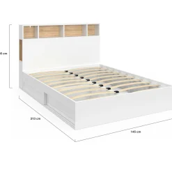 Lit 140x190 avec rangements blanc et hêtre et tête de lit