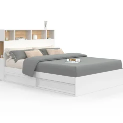 Lit 140x190 avec rangements blanc et hêtre et tête de lit