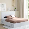 Lit 140x190 cm blanc avec rangements, tête de lit et sommier