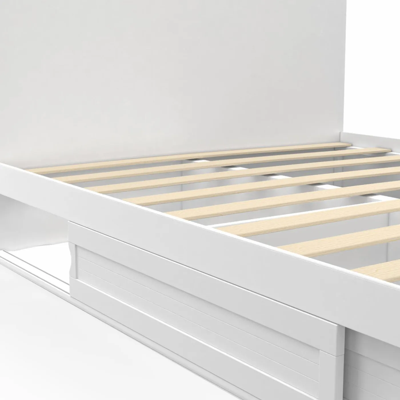 Lit 140x190 cm blanc avec rangements, tête de lit et sommier