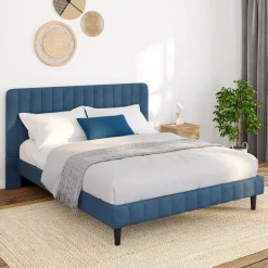 Lit 140x190 cm velours bleu avec tête de lit et sommier