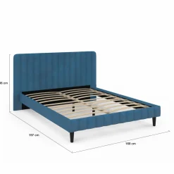 Lit 140x190 cm velours bleu avec tête de lit et sommier