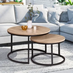 Lot 2 tables basses gigognes rondes bois métal industrielles