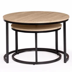 Lot 2 tables basses gigognes rondes bois métal industrielles