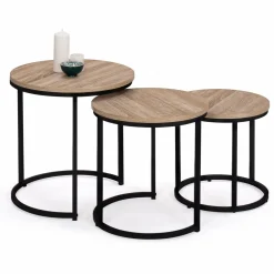Lot 3 tables basses gigognes rondes bois métal industrielles 35/40/45 cm