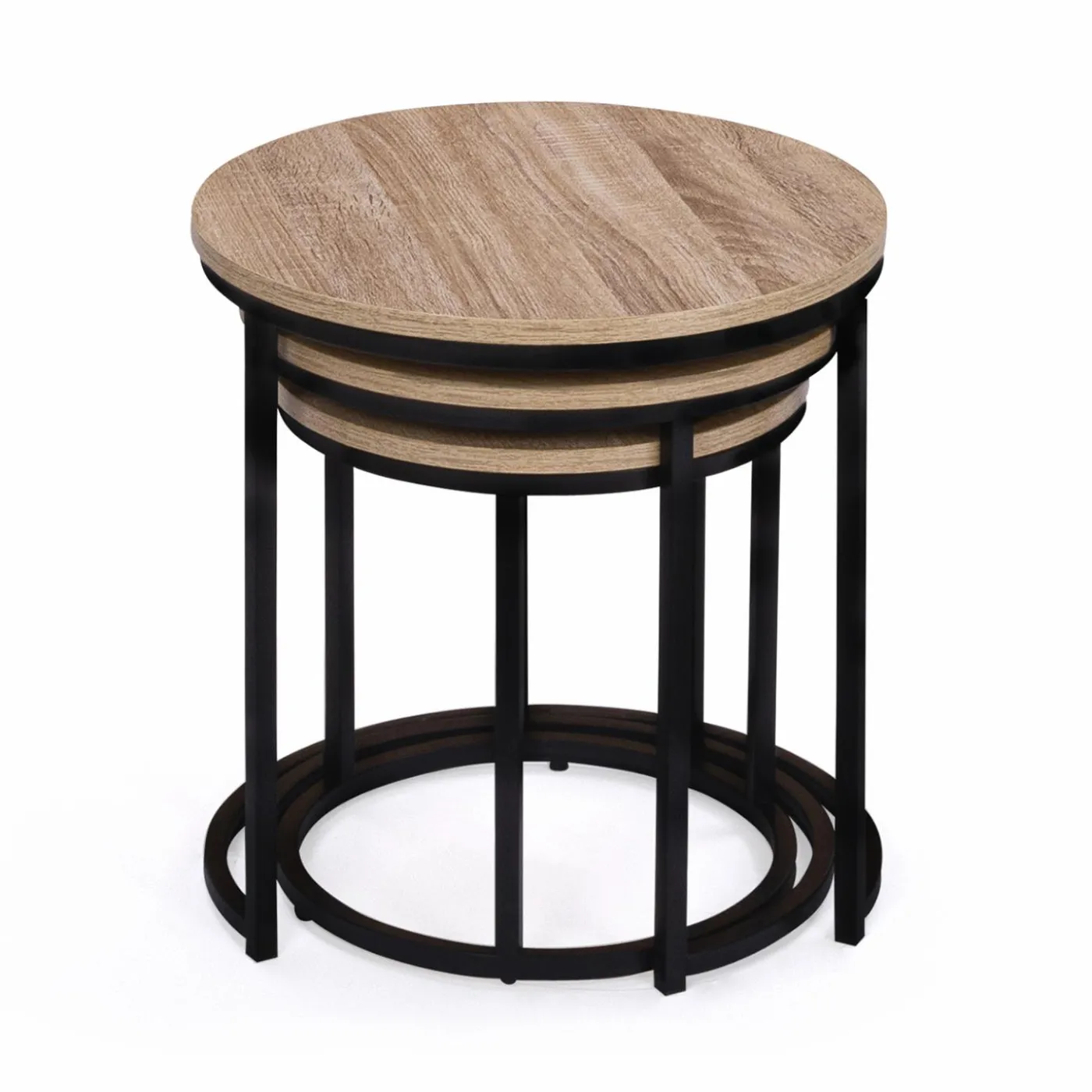 Lot 3 tables basses gigognes rondes bois métal industrielles 35/40/45 cm