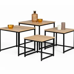 Lot 4 tables basses gigognes bois métal industrielles 35/40/45/50 cm