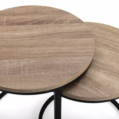 Lot 2 tables basses gigognes rondes bois métal industrielles 40/45 cm