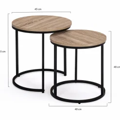 Lot 2 tables basses gigognes rondes bois métal industrielles 40/45 cm