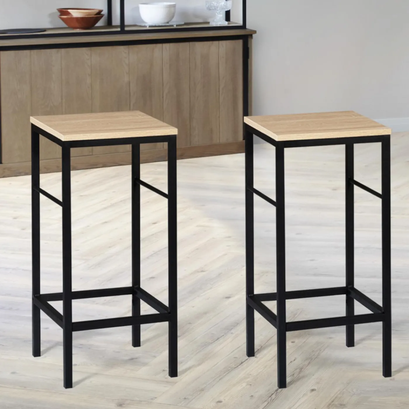 Lot 2 tabourets de bar style industriel bois et métal