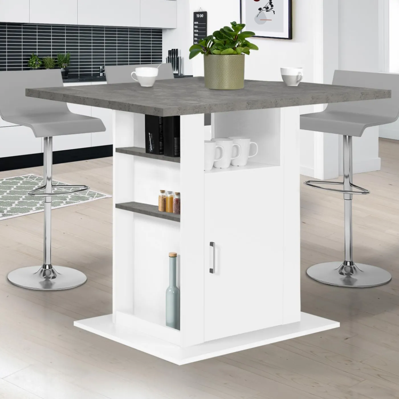 Îlot central cuisine plateau effet béton et bois blanc 110 cm