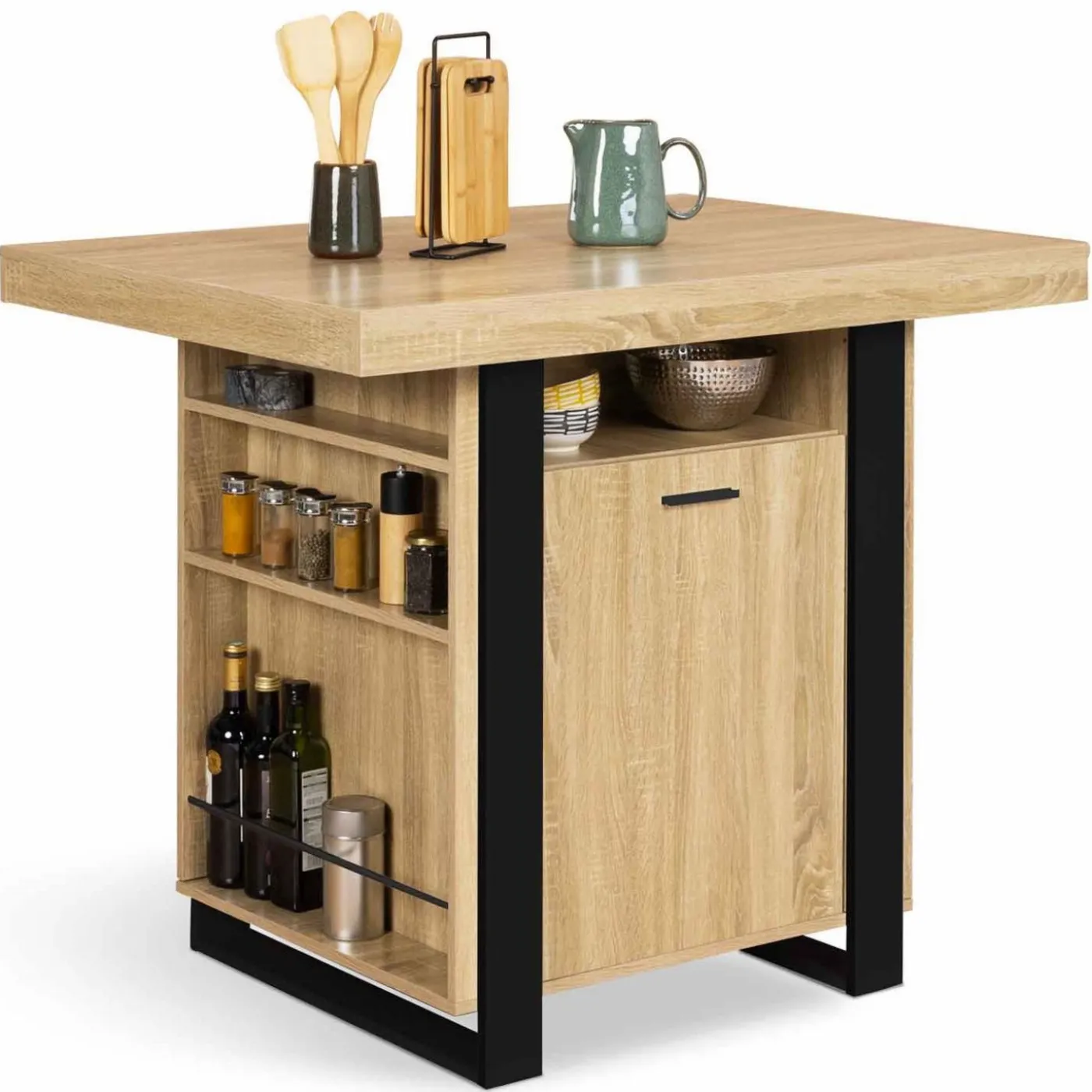 Îlot central industriel bois noir et imitation hêtre 110 cm