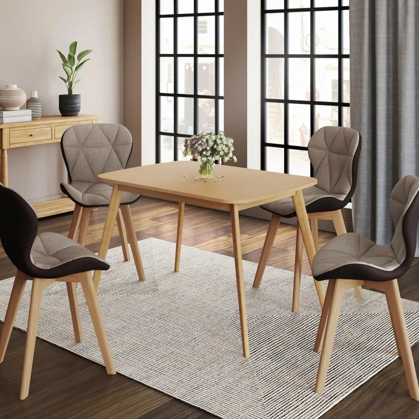 Lot de 4 chaises bi-matière en tissu et PU marron et taupe pour salle à manger