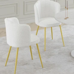 Lot de 2 chaises bouclette blanche, dossier coquillage, pieds dorés