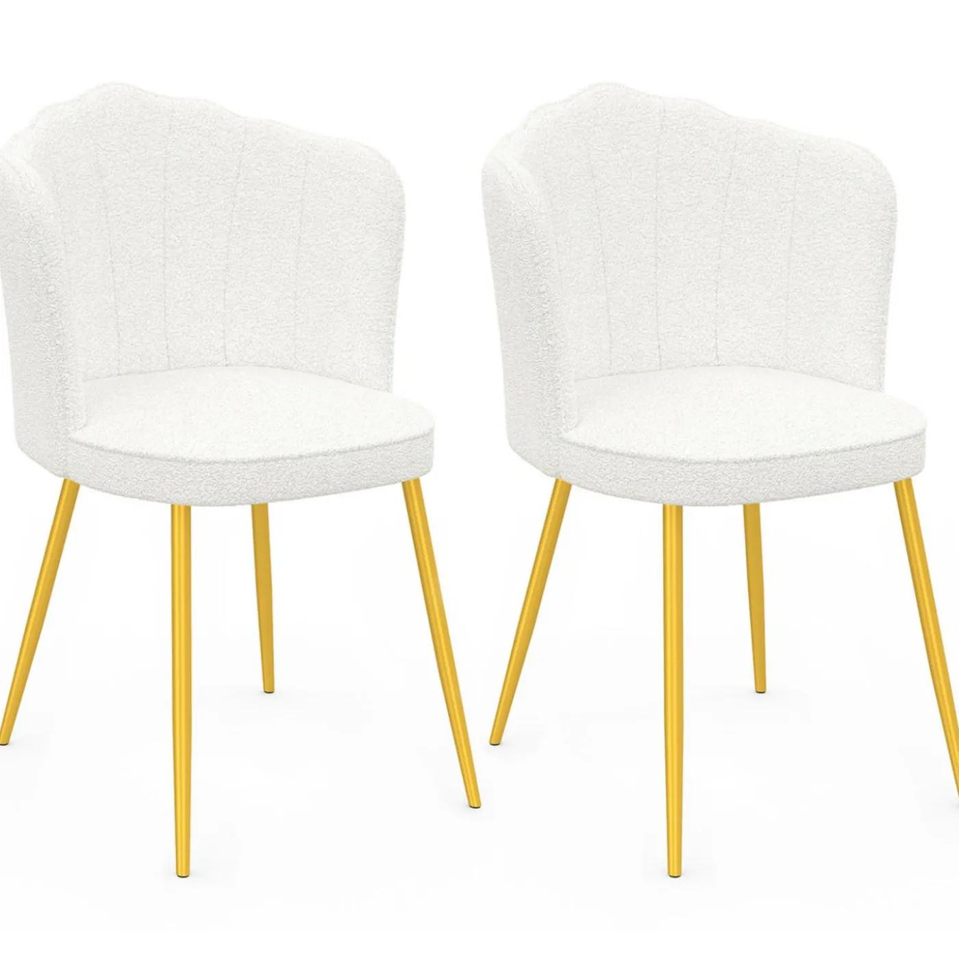 Lot de 2 chaises bouclette blanche, dossier coquillage, pieds dorés